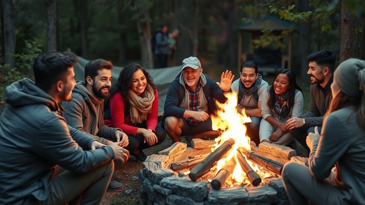 groupe de voyageurs autour d'un feu de camp