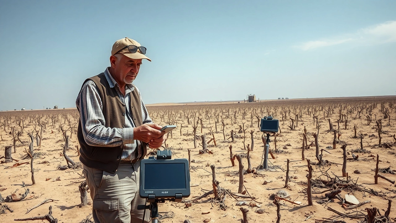 un agriculteur examine un champ affecté par la desertification