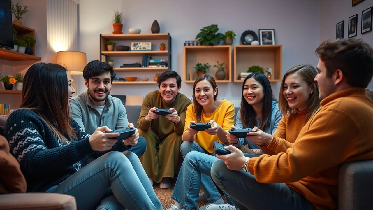 groupe d'amis jouant ensemble dans un salon