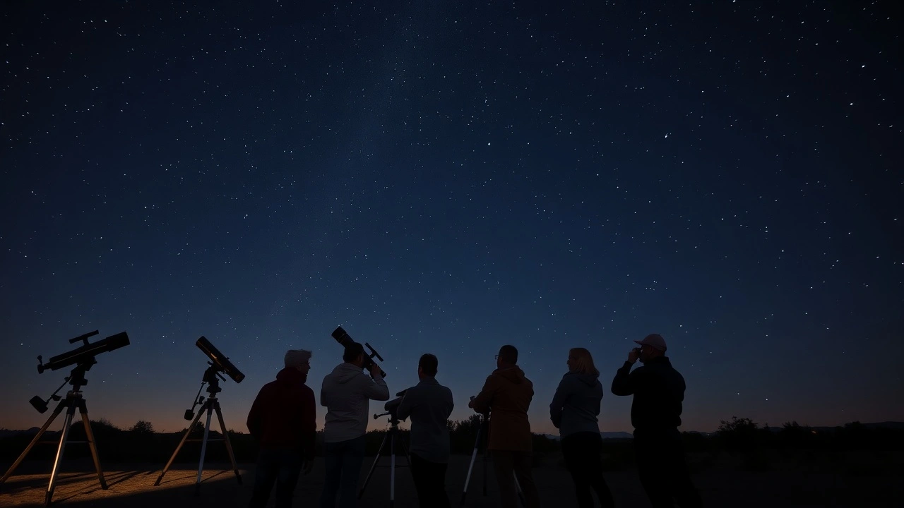 groupe d'astronomes amateurs avec des telescopes sous un ciel sombre