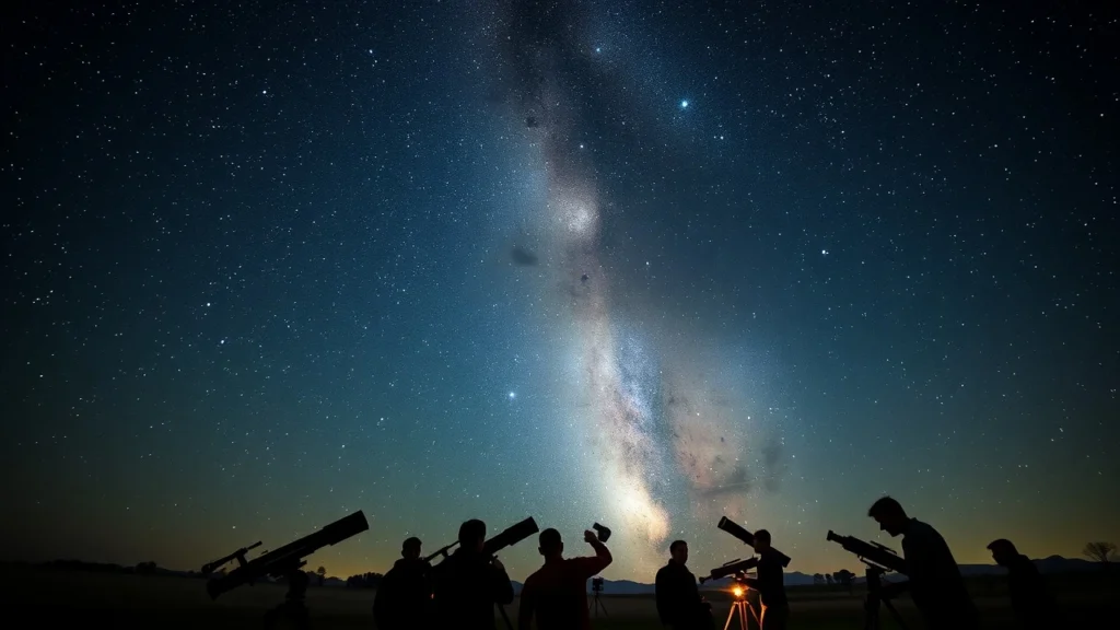 Ciel nocturne rempli d'étoiles avec des astronomes amateurs observant à travers des télescopes.