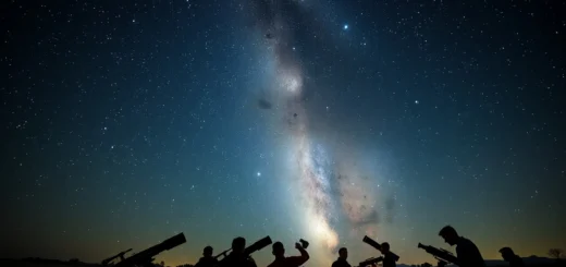Ciel nocturne rempli d'étoiles avec des astronomes amateurs observant à travers des télescopes.