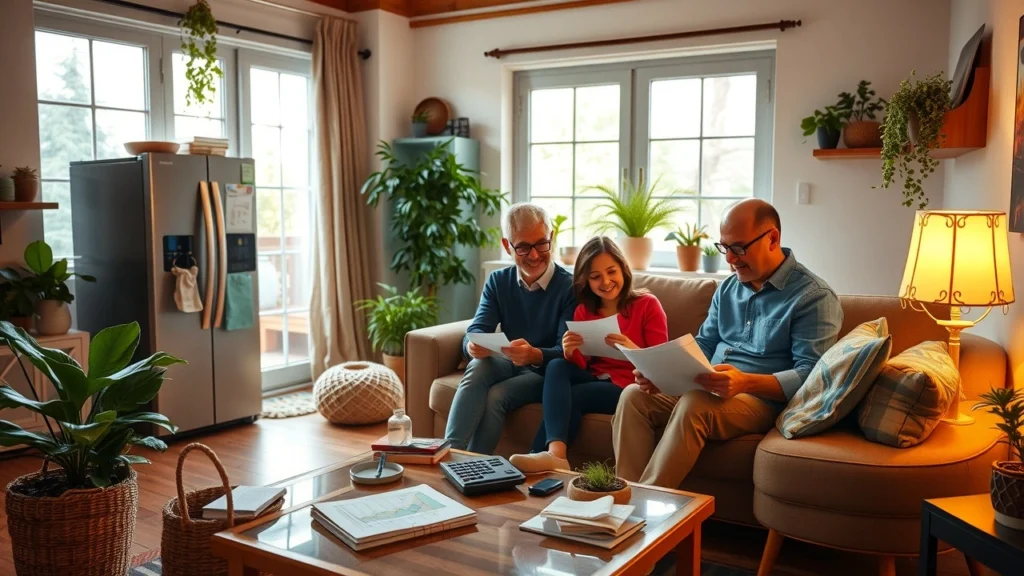 Une scène de salon cozy avec des appareils écoénergétiques et une décoration durable, montrant une famille en train de discuter de leur budget.