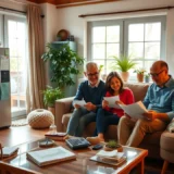 Une scène de salon cozy avec des appareils écoénergétiques et une décoration durable, montrant une famille en train de discuter de leur budget.