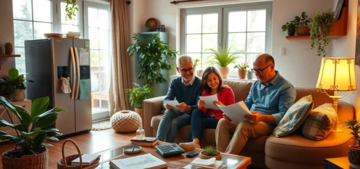 Une scène de salon cozy avec des appareils écoénergétiques et une décoration durable, montrant une famille en train de discuter de leur budget.