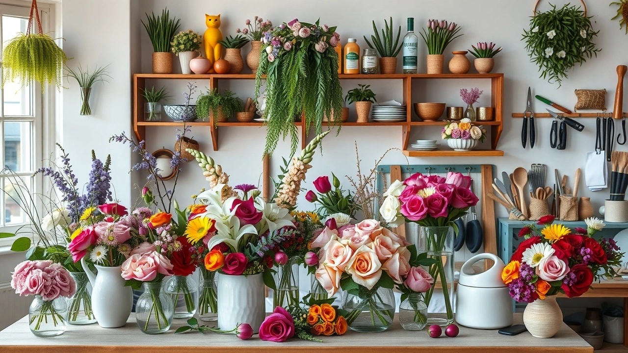atelier d'art floral avec des fleurs et des outils