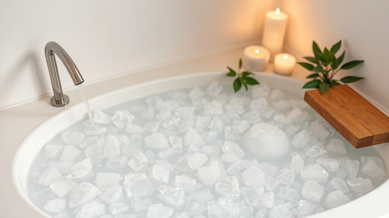 baignoire de sel remplie d'eau et de cristaux de sel