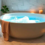 Une baignoire de sel dans une salle de bain calme et luxueuse