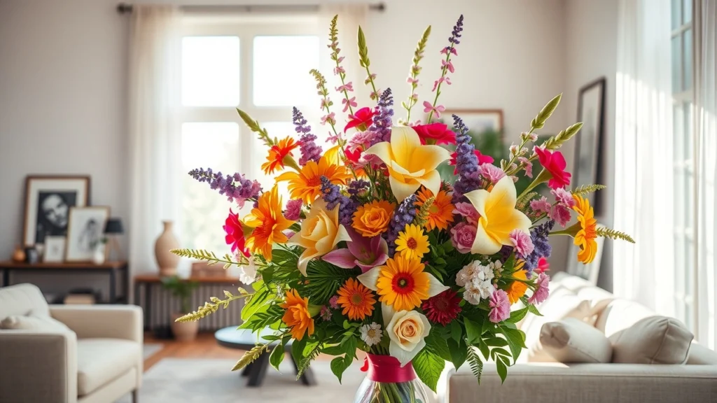 Une belle composition florale dans un salon moderne, apportant de la couleur et de l'inspiration.