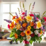 Une belle composition florale dans un salon moderne, apportant de la couleur et de l'inspiration.