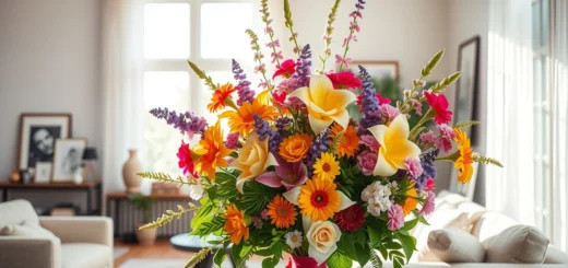 Une belle composition florale dans un salon moderne, apportant de la couleur et de l'inspiration.