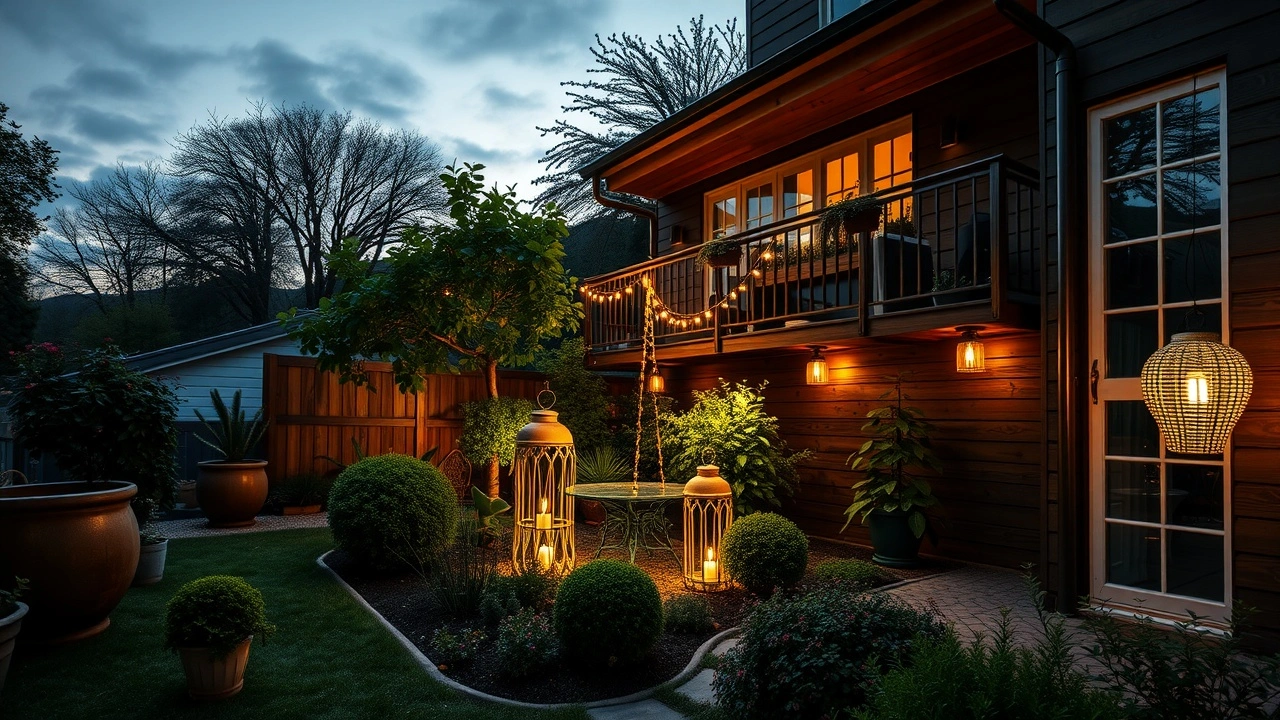 jardin et balcon avec éclairage écologique au crépuscule