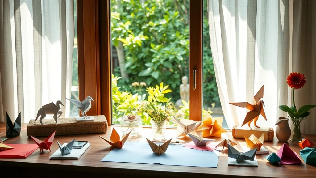 Un espace de travail serein avec des œuvres d'origami élégamment pliées.