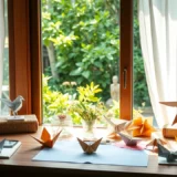Un espace de travail serein avec des œuvres d'origami élégamment pliées.