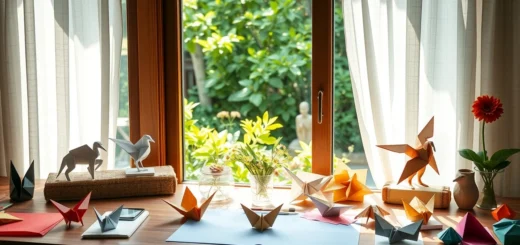 Un espace de travail serein avec des œuvres d'origami élégamment pliées.