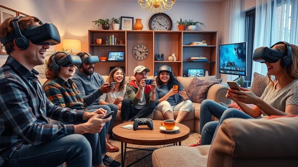 Illustration de l'évolution des technologies de divertissement interactif et leur impact sur la vie sociale.