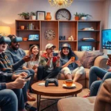 Illustration de l'évolution des technologies de divertissement interactif et leur impact sur la vie sociale.