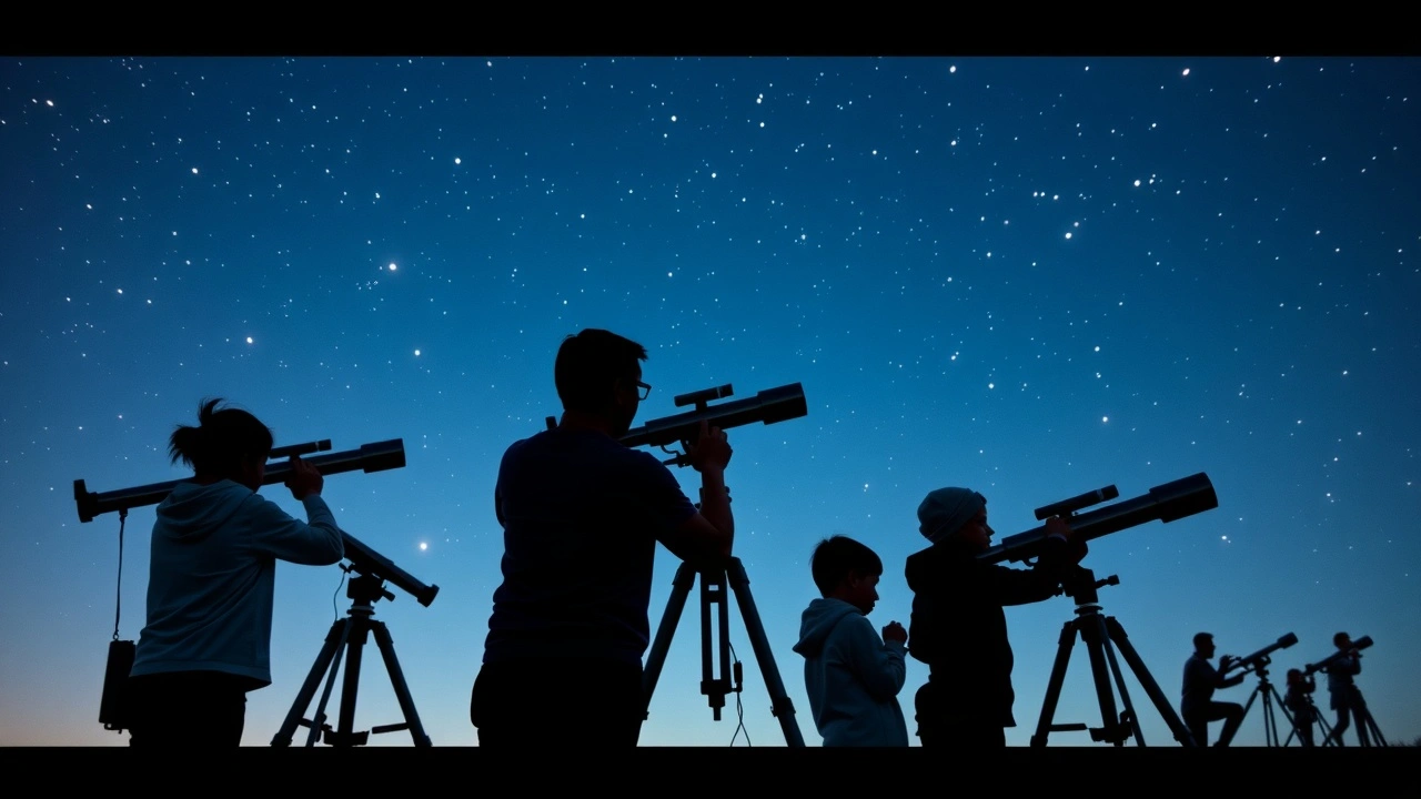 famille observant les etoiles avec telescopes
