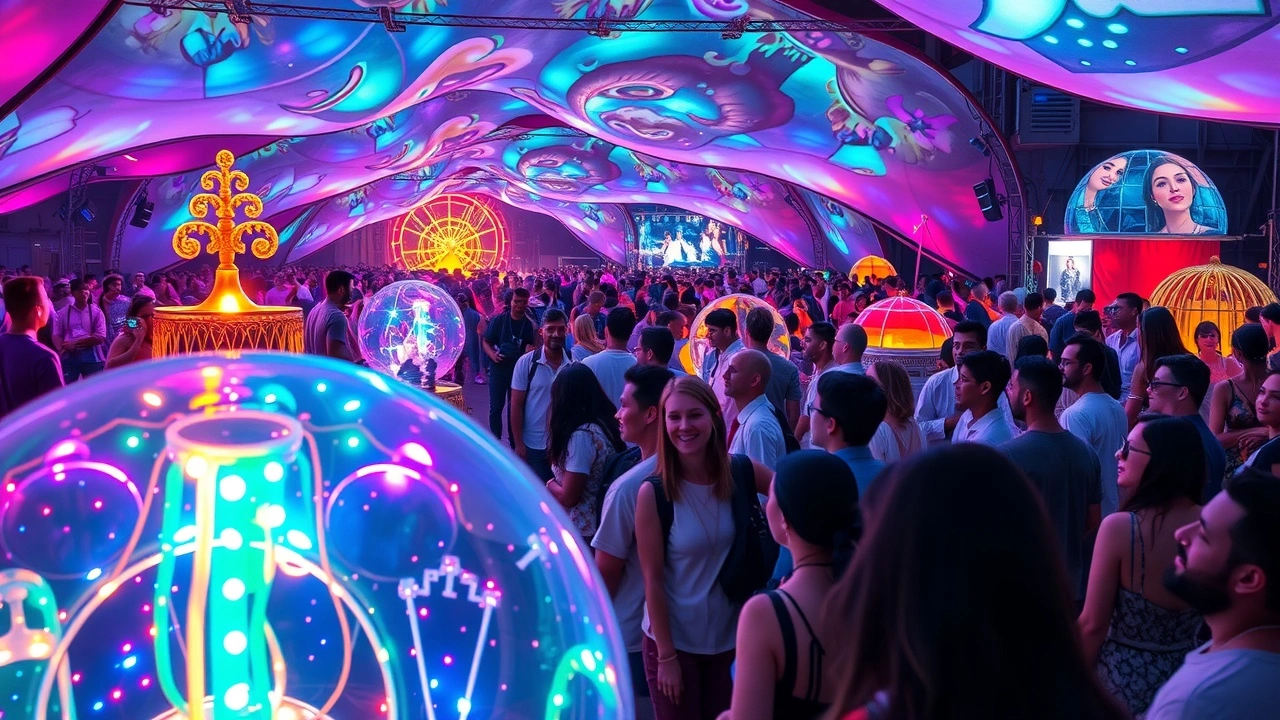 scène de festival immersif avec personnes et installations artistiques