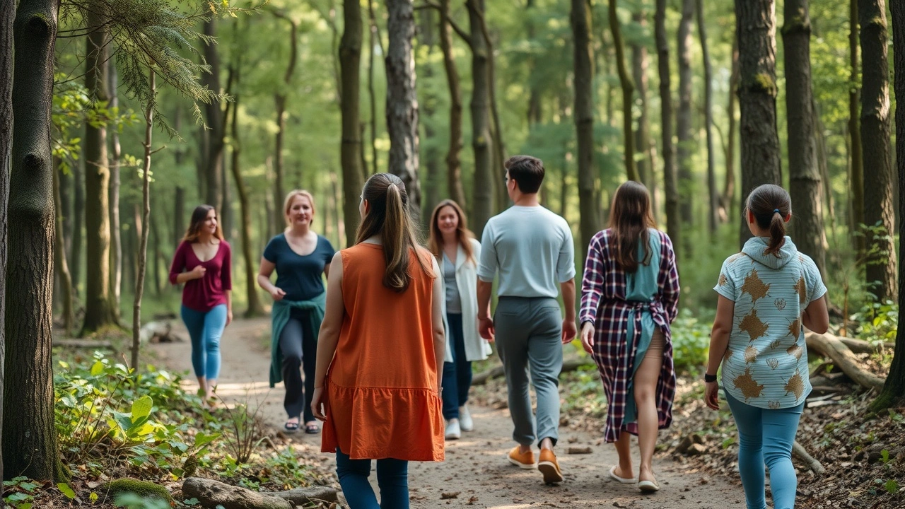groupe de personnes pratiquant des rituels de nature en pleine forêt
