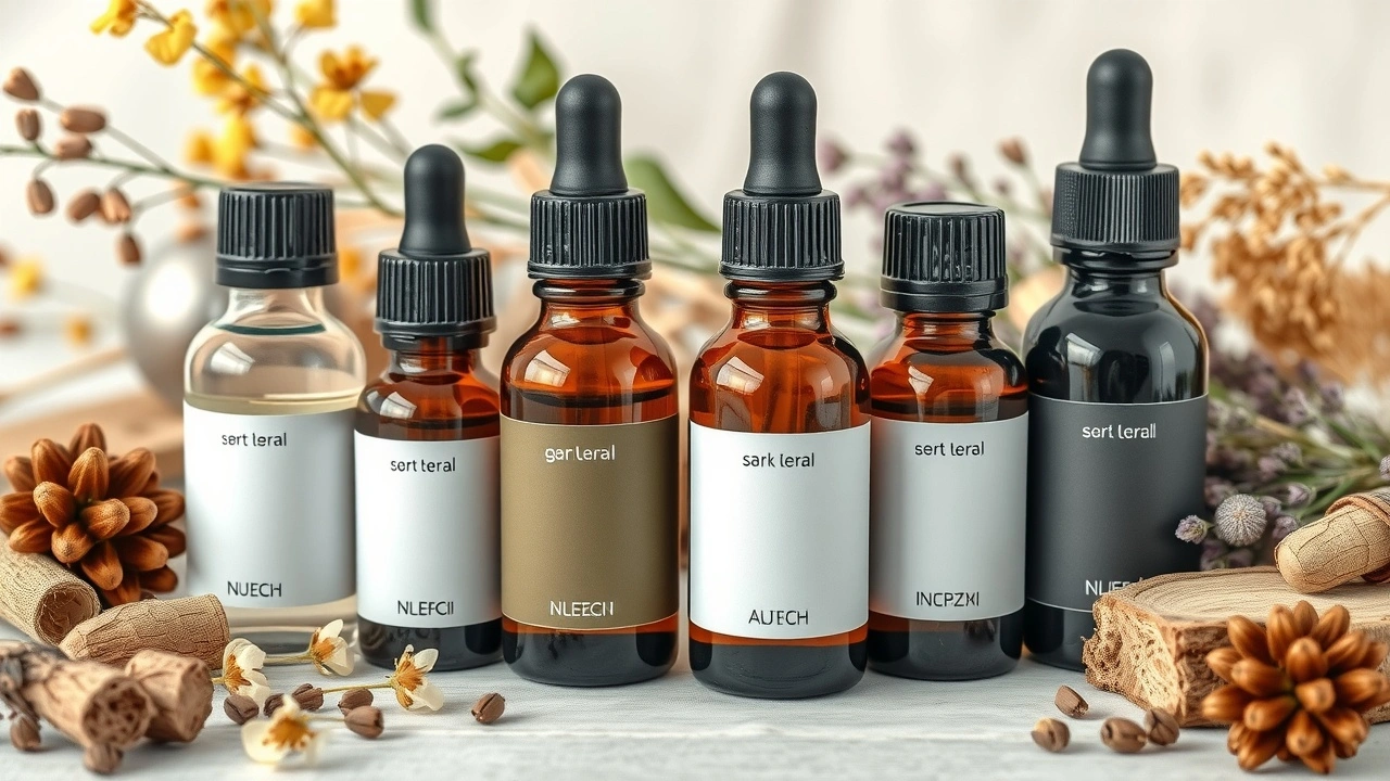 bouteilles d'huiles essentielles et produits naturels