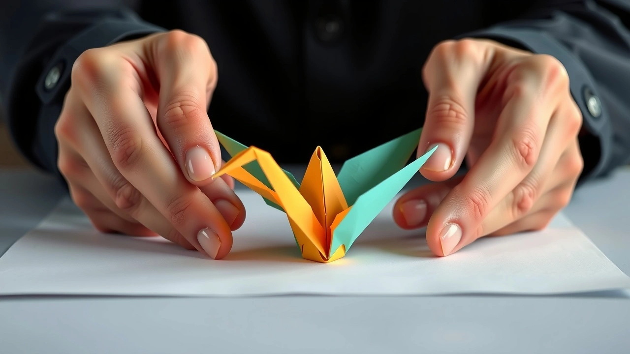 des mains pliant une grue en origami