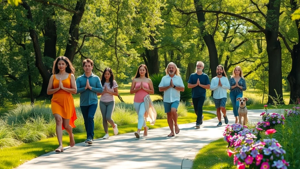 Groupe de personnes marchant méditativement dans un environnement naturel apaisant.