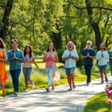 Groupe de personnes marchant méditativement dans un environnement naturel apaisant.