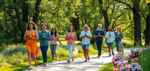 Groupe de personnes marchant méditativement dans un environnement naturel apaisant.
