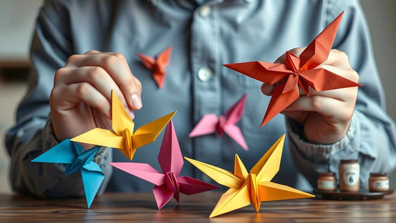 person pliant des papiers origami colorés