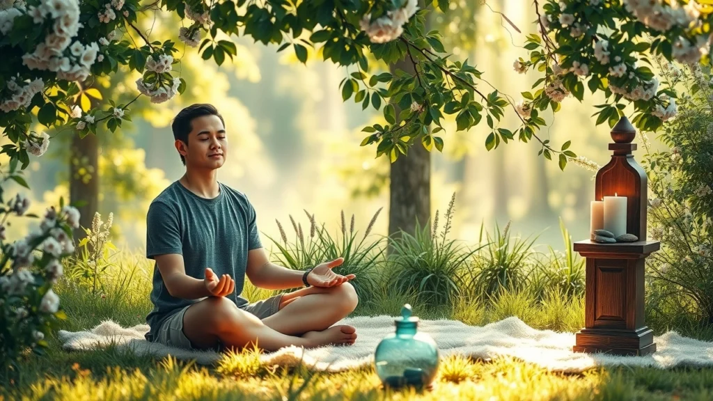 Une personne pratiquant des rituels de gratitude dans la nature, symbolisant l'épanouissement.