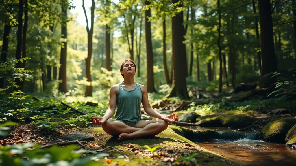 Une scène paisible dans les bois illustrant des rituels de nature pour revitaliser la santé mentale et physique.