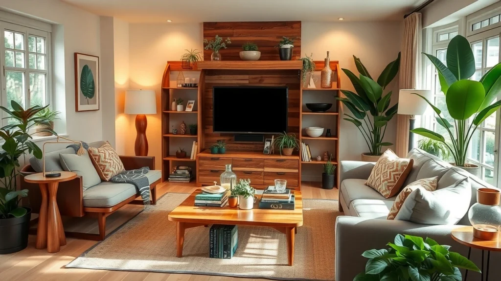 Un salon élégant avec des éléments de déco zéro déchet et chic.