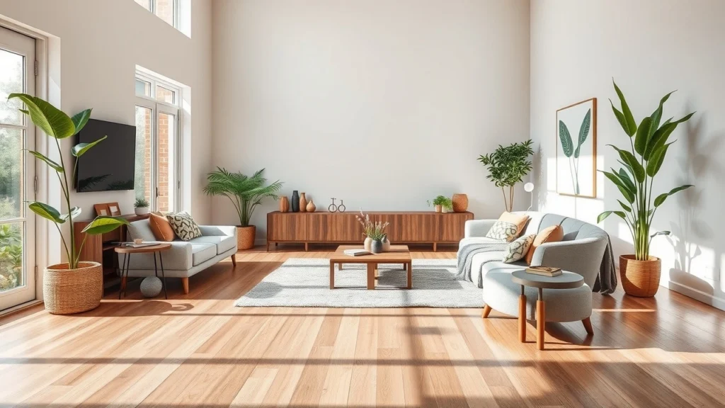 Un salon moderne avec un revêtement de sol durable, mettant en avant l'esthétisme et l'éco-responsabilité.