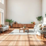 Un salon moderne avec un revêtement de sol durable, mettant en avant l'esthétisme et l'éco-responsabilité.