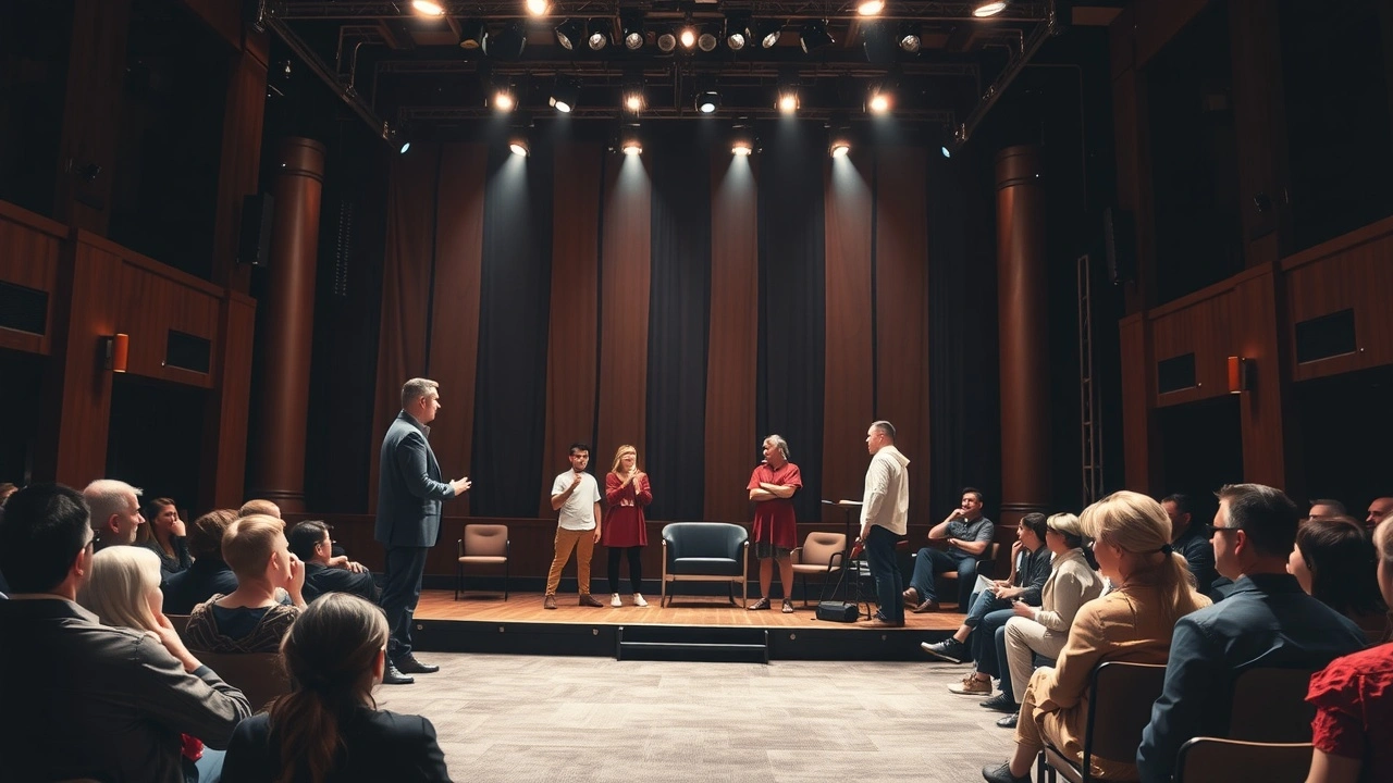 scène de théâtre contemporain avec des acteurs et un public attentif