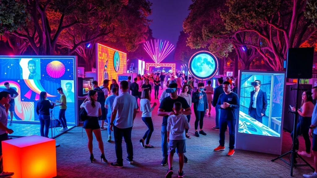 une scène de festival immersive avec des installations de réalité virtuelle et des performances artistiques