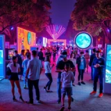 une scène de festival immersive avec des installations de réalité virtuelle et des performances artistiques