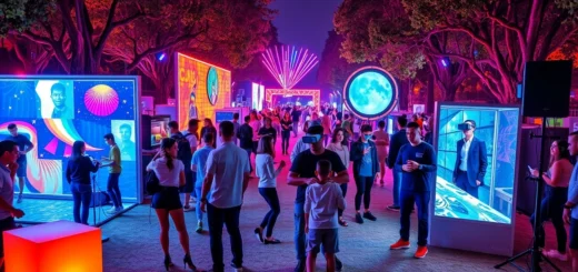 une scène de festival immersive avec des installations de réalité virtuelle et des performances artistiques