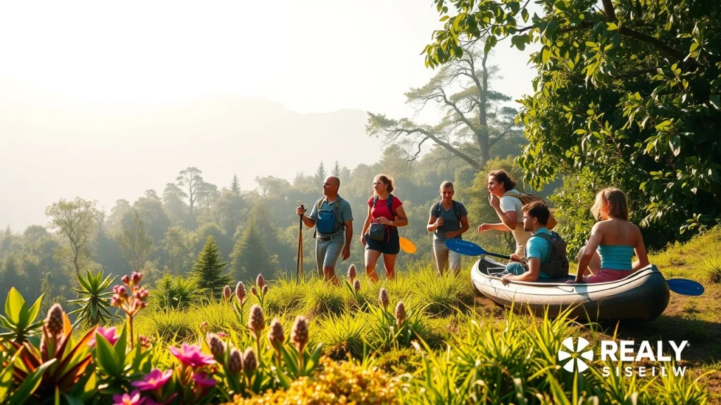 Un paysage naturel enchanteur avec des voyageurs engagés dans des activités écologiques.