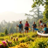 Un paysage naturel enchanteur avec des voyageurs engagés dans des activités écologiques.