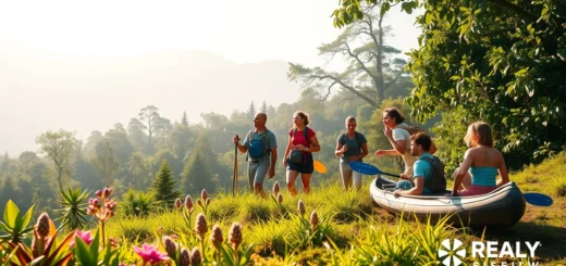 Un paysage naturel enchanteur avec des voyageurs engagés dans des activités écologiques.